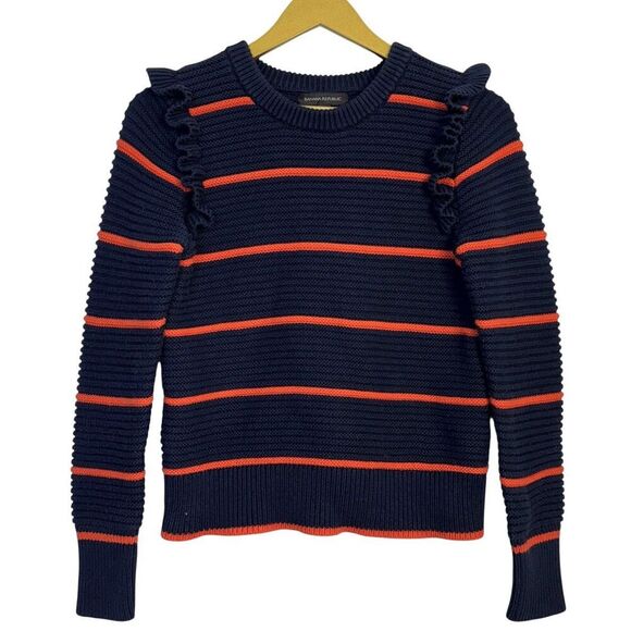 Banana Republic Size M Navy Striped Crewneck Ruffle Chunky Knit Sweater Preppy - Picture 1 of 5